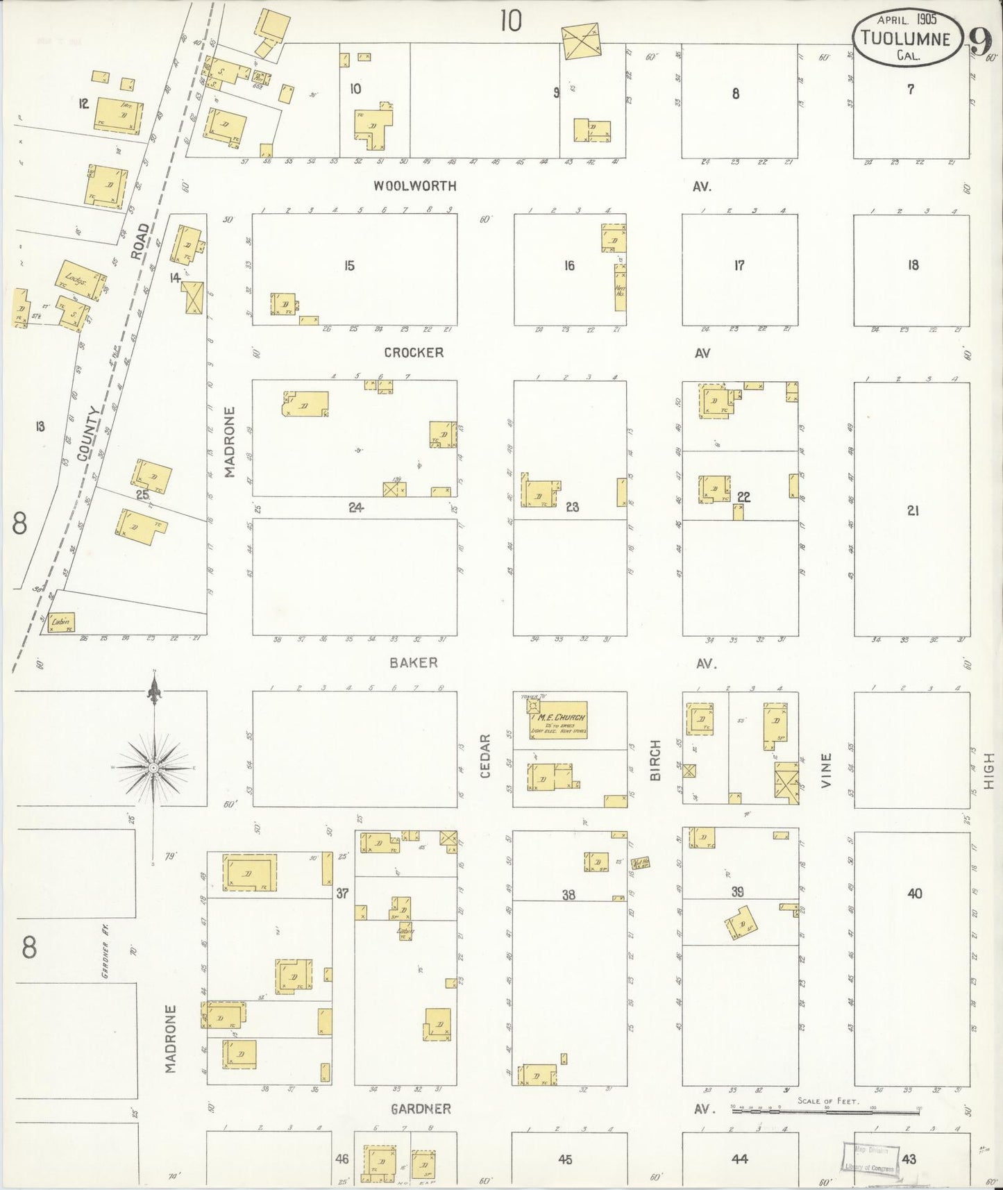 Sanborn Fire Insurance Map from Tuolumne, Tuolumne County, California (1905), Sheet #0009 - Complete Map Set gallery image, historic Sanborn map, vintage wall art, California California