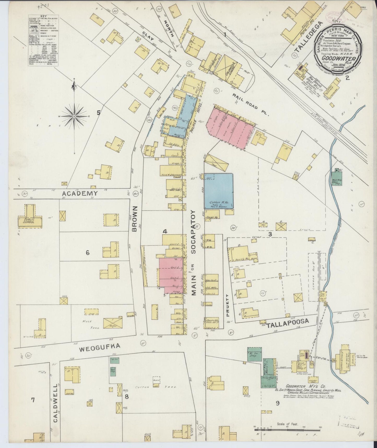 Sanborn Fire Insurance Map from Goodwater, Coosa County, Alabama (1894), Sheet #0001 - Historic Sanborn Fire Insurance Map Print, vintage old map wall art, antique decor, genealogy gift, Alabama Alabama map