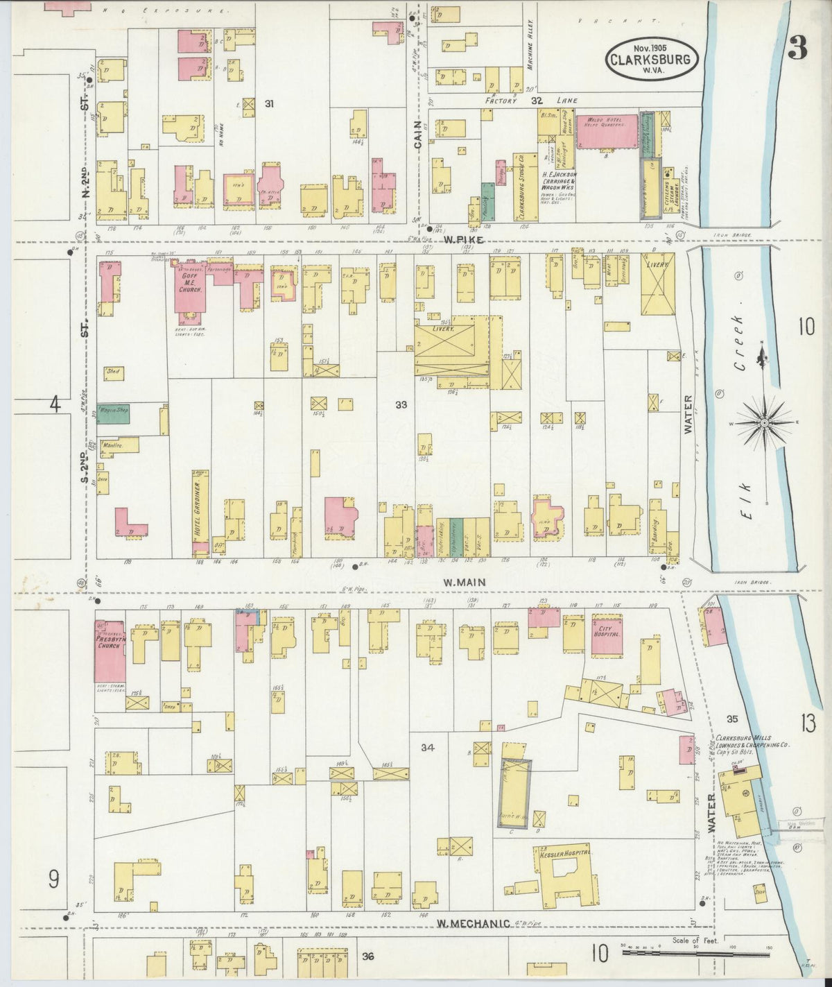 Sanborn Fire Insurance Map from Clarksburg, Harrison County, West Virginia (1905), Sheet #0003 - Complete Map Set gallery image, historic Sanborn map, vintage wall art, West Virginia West Virginia