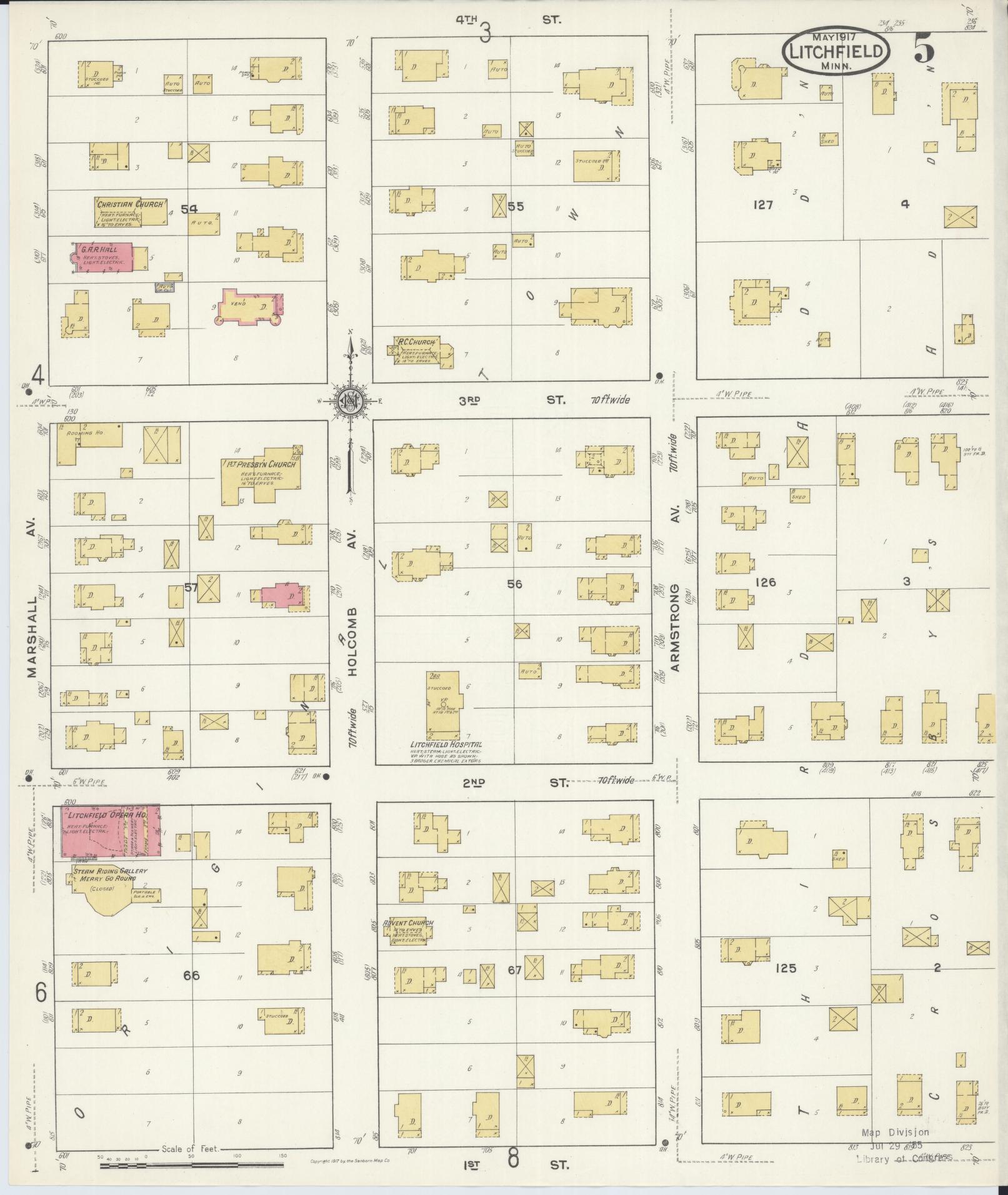 Sanborn Fire Insurance Map from Litchfield, Meeker County, Minnesota (1917), Sheet #0005 - Historic Sanborn Fire Insurance Map Print, vintage old map wall art, antique decor, genealogy gift, Minnesota Minnesota map