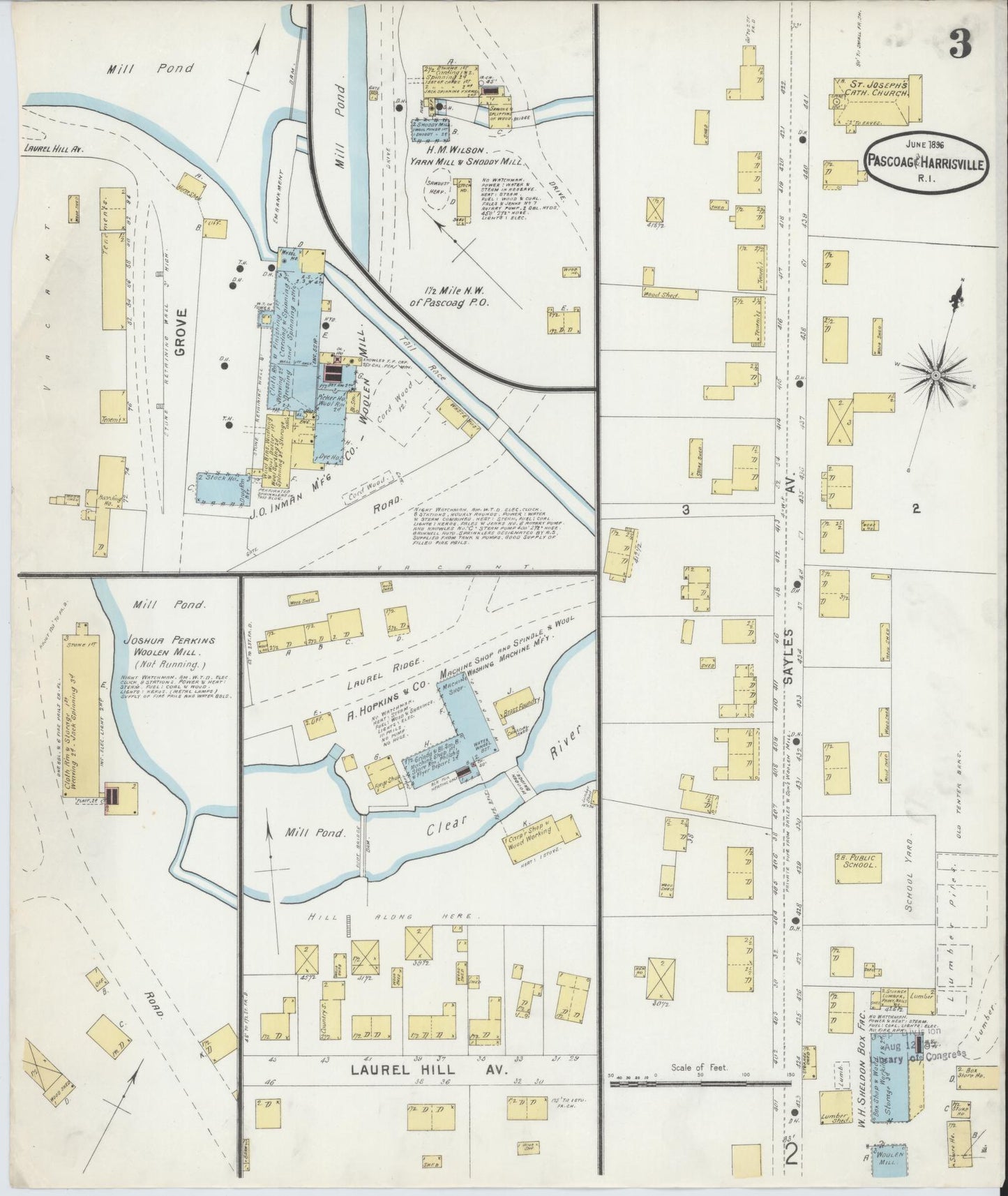 Sanborn Fire Insurance Map from Pascoag, Providence County, Rhode Island (1896), Sheet #0003 - Historic Sanborn Fire Insurance Map Print, vintage old map wall art, antique decor, genealogy gift, Rhode Island Rhode Island map