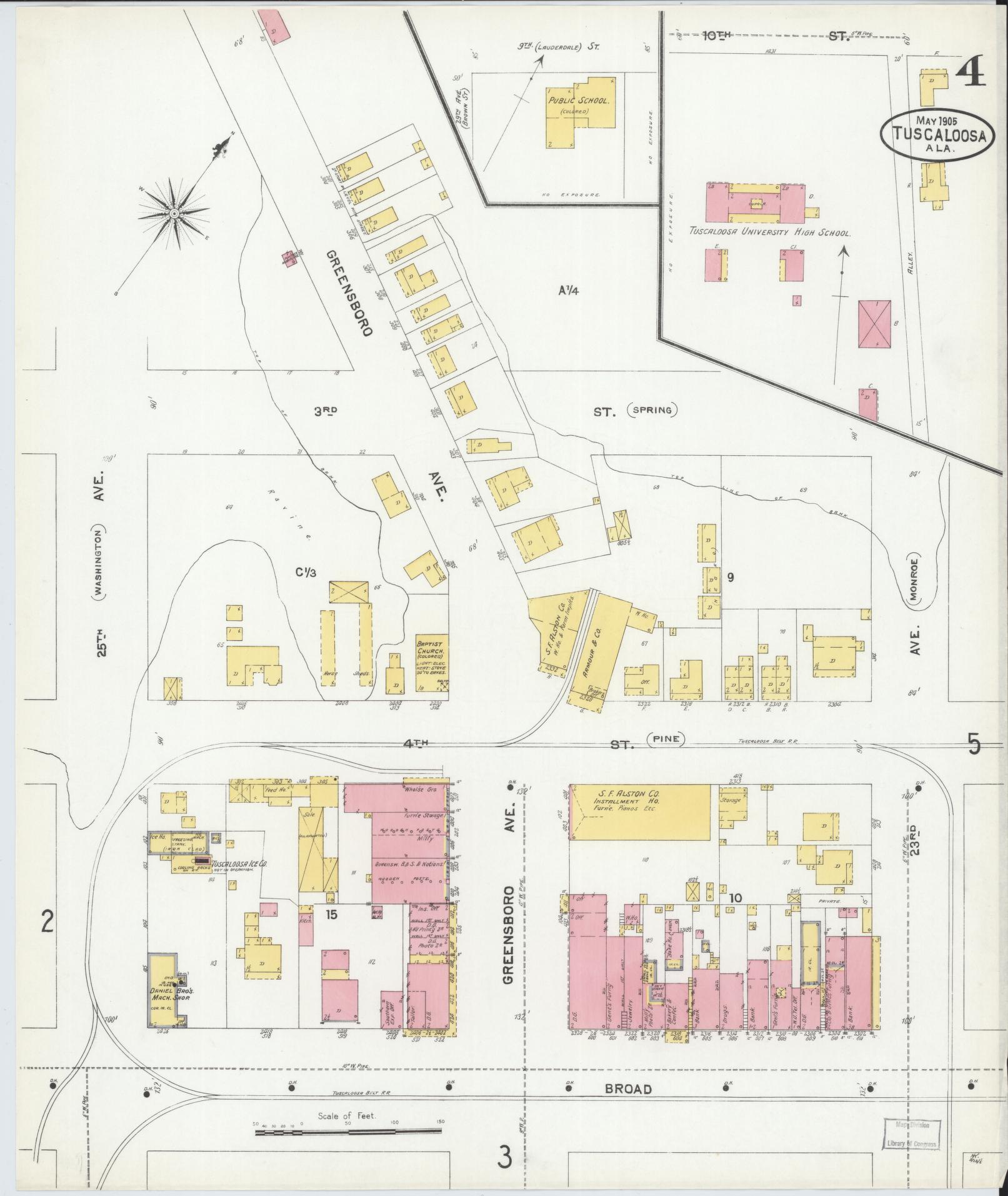 Sanborn Fire Insurance Map from Tuscaloosa, Tuscaloosa County, Alabama (1905), Sheet #0004 - Complete Map Set gallery image, historic Sanborn map, vintage wall art, Alabama Alabama