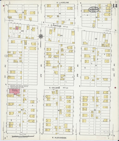 Sanborn Fire Insurance Map from Hibbing, Saint Louis County, Minnesota (1921), Sheet #0014 - Historic Sanborn Fire Insurance Map Print, vintage old map wall art, antique decor, genealogy gift, Minnesota Minnesota map