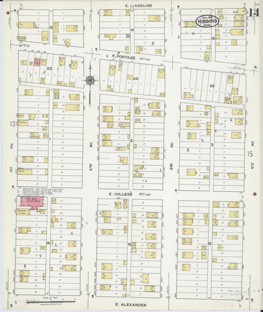 Sanborn Fire Insurance Map from Hibbing, Saint Louis County, Minnesota (1921), Sheet #0014 - Historic Sanborn Fire Insurance Map Print, vintage old map wall art, antique decor, genealogy gift, Minnesota Minnesota map