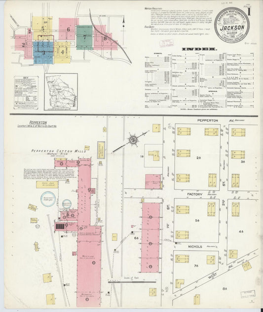 Sanborn Fire Insurance Map from Jackson, Butts County, Georgia (1913), Sheet #0001 - Historic Sanborn Fire Insurance Map Print, vintage old map wall art, antique decor, genealogy gift, Georgia Georgia map