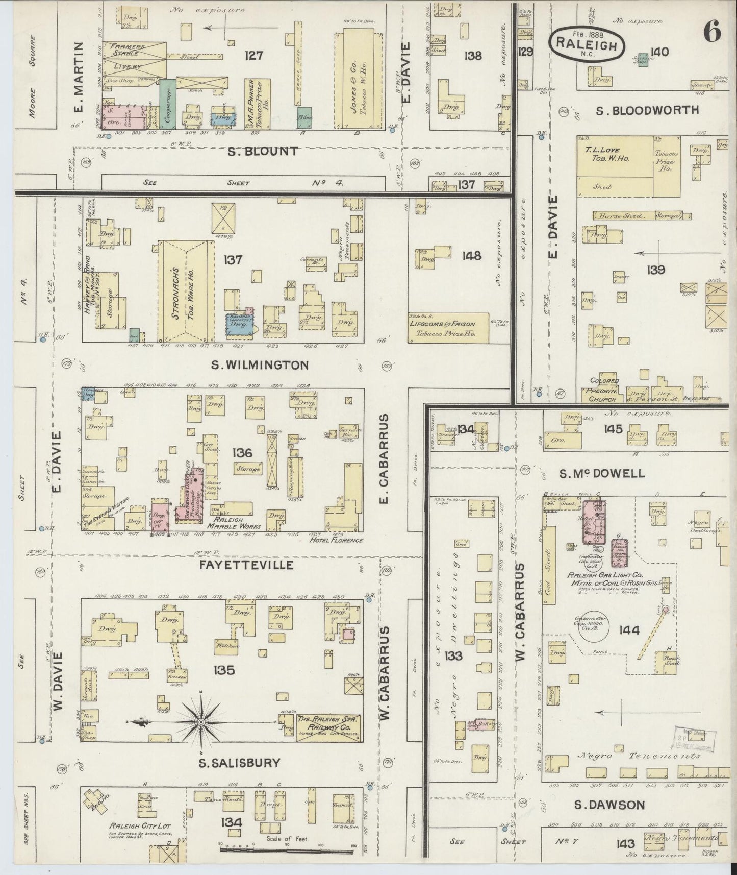 Sanborn Fire Insurance Map from Raleigh, Wake County, North Carolina (1888), Sheet #0006 - Historic Sanborn Fire Insurance Map Print, vintage old map wall art, antique decor, genealogy gift, North Carolina North Carolina map