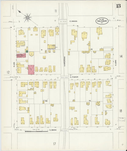 Sanborn Fire Insurance Map from Salisbury, Rowan County, North Carolina (1907), Sheet #0013 - Complete Map Set gallery image, historic Sanborn map, vintage wall art, North Carolina North Carolina