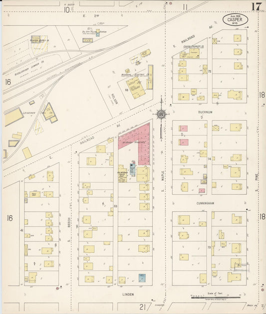 Sanborn Fire Insurance Map from Casper, Natrona County, Wyoming (1918), Sheet #0017 - Historic Sanborn Fire Insurance Map Print, vintage old map wall art, antique decor, genealogy gift, Wyoming Wyoming map
