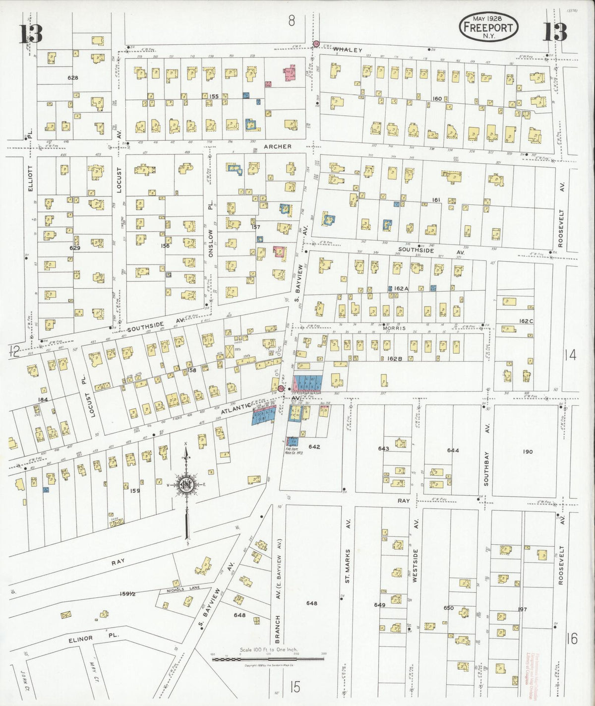 Sanborn Fire Insurance Map from Freeport, Nassau County, New York (1928), Sheet #0013 - Historic Sanborn Fire Insurance Map Print, vintage old map wall art, antique decor, genealogy gift, New York New York map