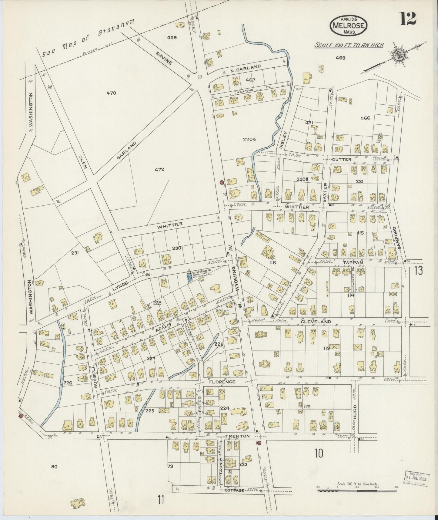 Sanborn Fire Insurance Map from Melrose, Middlesex County, Massachusetts (1915), Sheet #0012 - Complete Map Set gallery image, historic Sanborn map, vintage wall art, Massachusetts Massachusetts