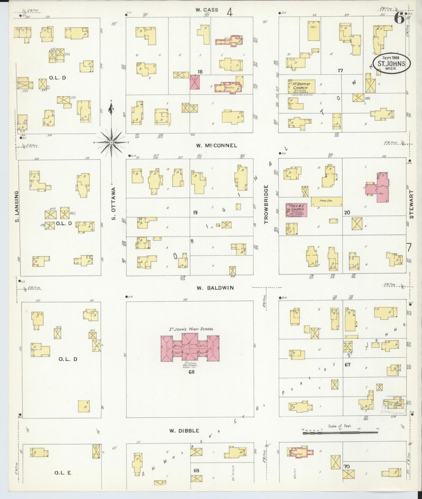 Sanborn Fire Insurance Map from Saint Johns, Clinton County, Michigan (1908), Sheet #0006 - Complete Map Set gallery image, historic Sanborn map, vintage wall art, Michigan Michigan