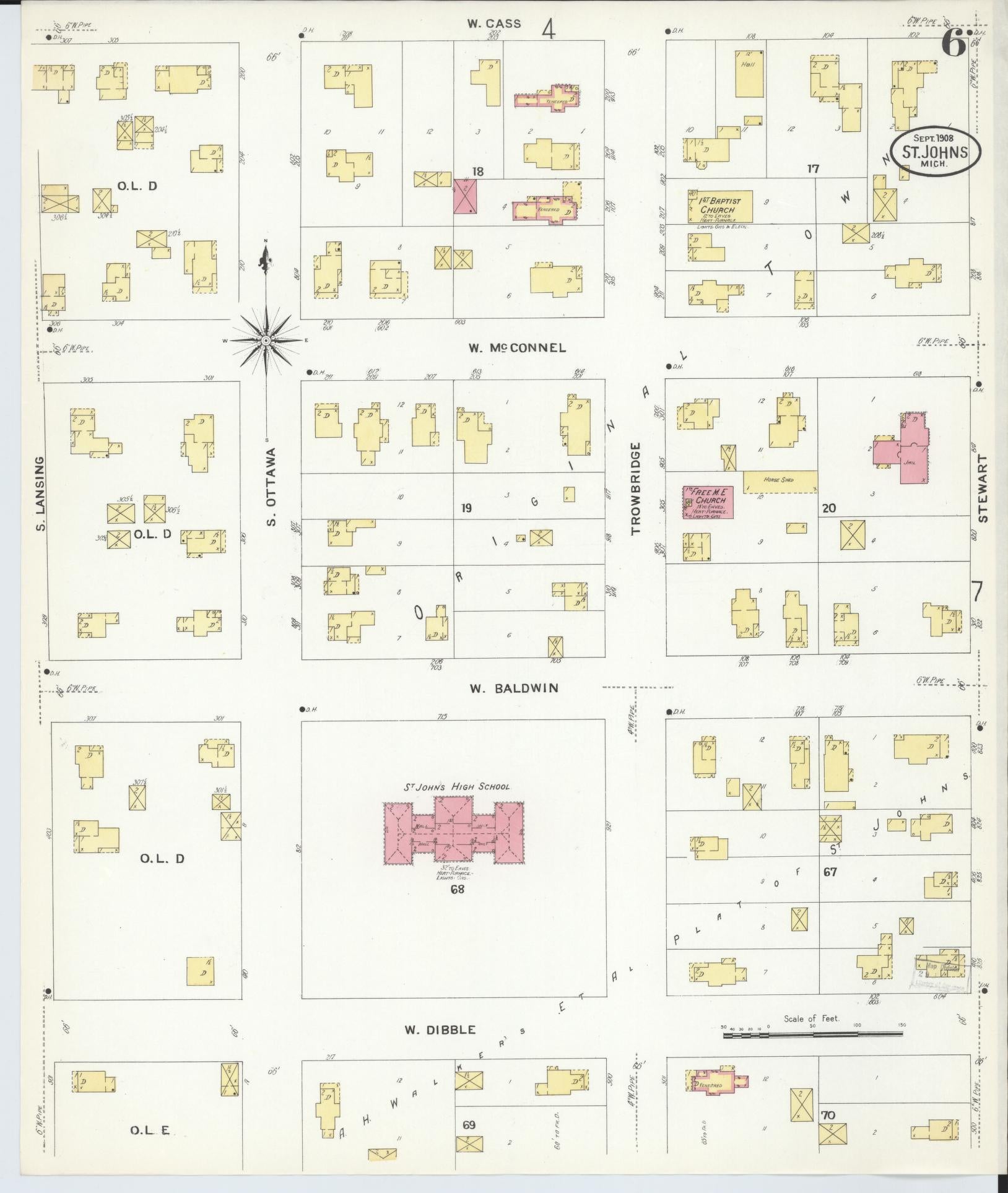 Sanborn Fire Insurance Map from Saint Johns, Clinton County, Michigan (1908), Sheet #0006 - Complete Map Set gallery image, historic Sanborn map, vintage wall art, Michigan Michigan