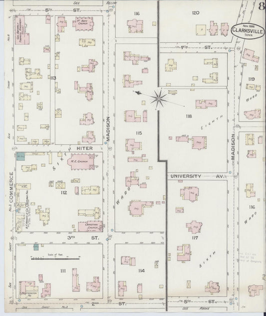 Sanborn Fire Insurance Map from Clarksville, Montgomery County, Tennessee (1888), Sheet #0008 - Historic Sanborn Fire Insurance Map Print, vintage old map wall art, antique decor, genealogy gift, Tennessee Tennessee map