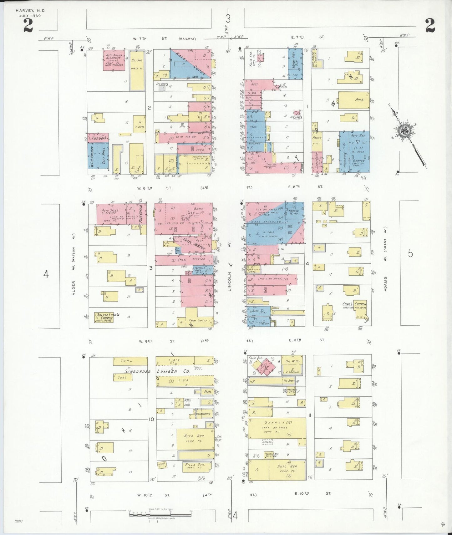 Sanborn Fire Insurance Map from Harvey, Wells County, North Dakota (1939), Sheet #0002 - Complete Map Set gallery image, historic Sanborn map, vintage wall art, North Dakota North Dakota
