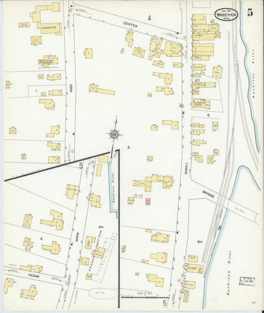 Sanborn Fire Insurance Map from Wareham, Plymouth County, Massachusetts (1912), Sheet #0005 - Historic Sanborn Fire Insurance Map Print, vintage old map wall art, antique decor, genealogy gift, Massachusetts Massachusetts map