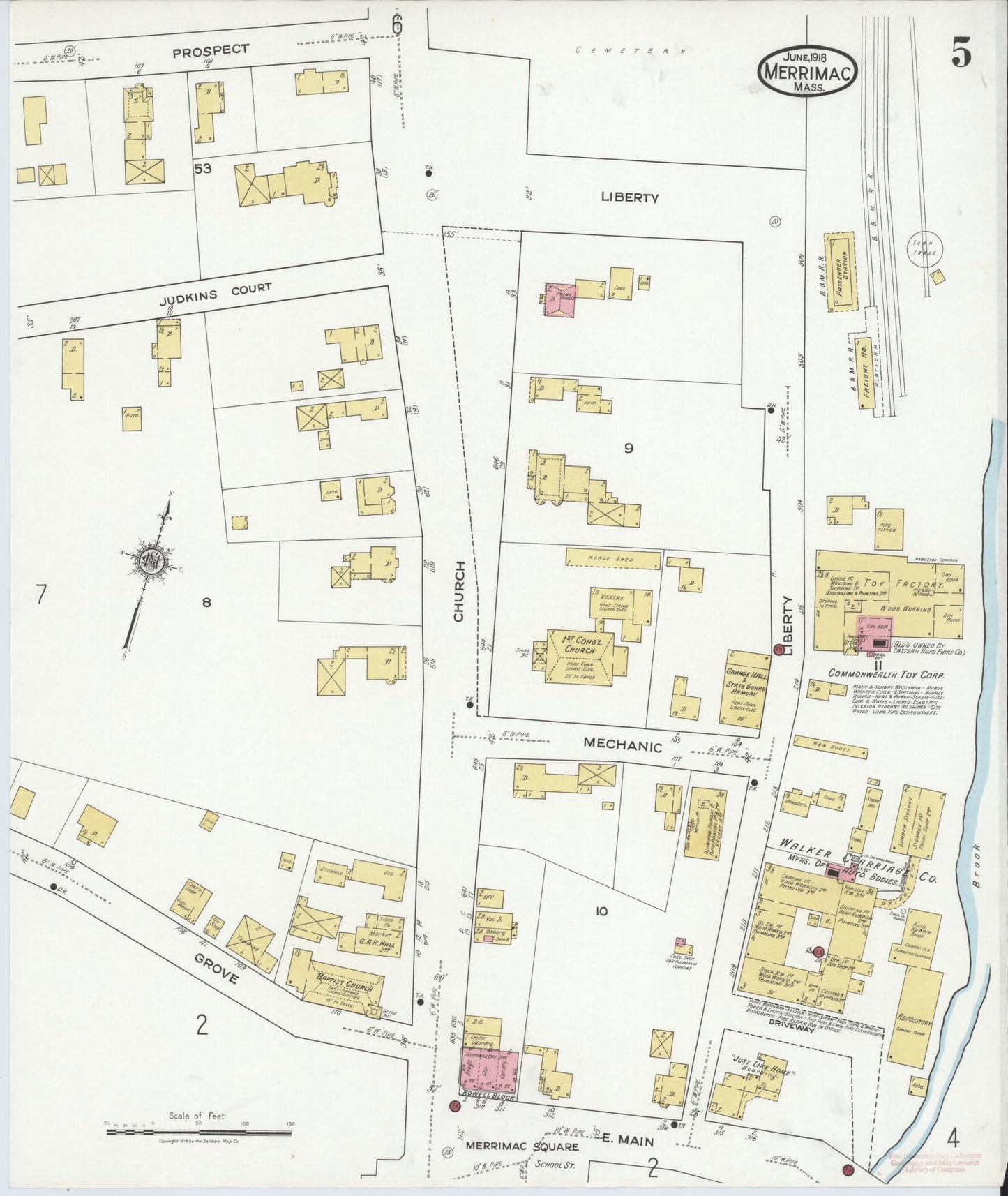 Sanborn Fire Insurance Map from Merrimac, Essex County, Massachusetts (1918), Sheet #0005 - Historic Sanborn Fire Insurance Map Print, vintage old map wall art, antique decor, genealogy gift, Massachusetts Massachusetts map