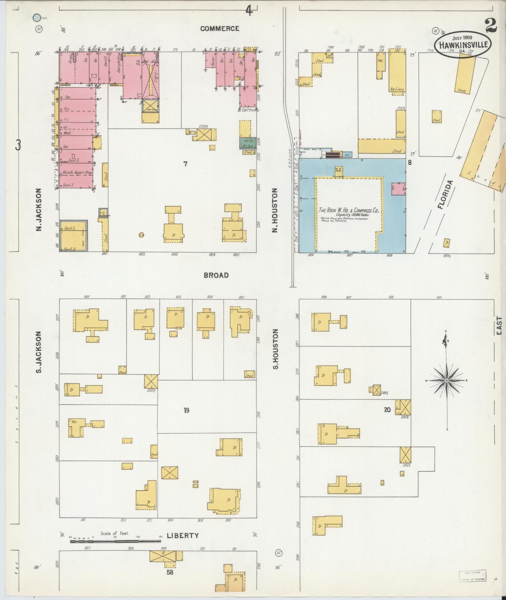 Sanborn Fire Insurance Map from Hawkinsville, Pulaski County, Georgia (1900), Sheet #0002 - Historic Sanborn Fire Insurance Map Print, vintage old map wall art, antique decor, genealogy gift, Georgia Georgia map
