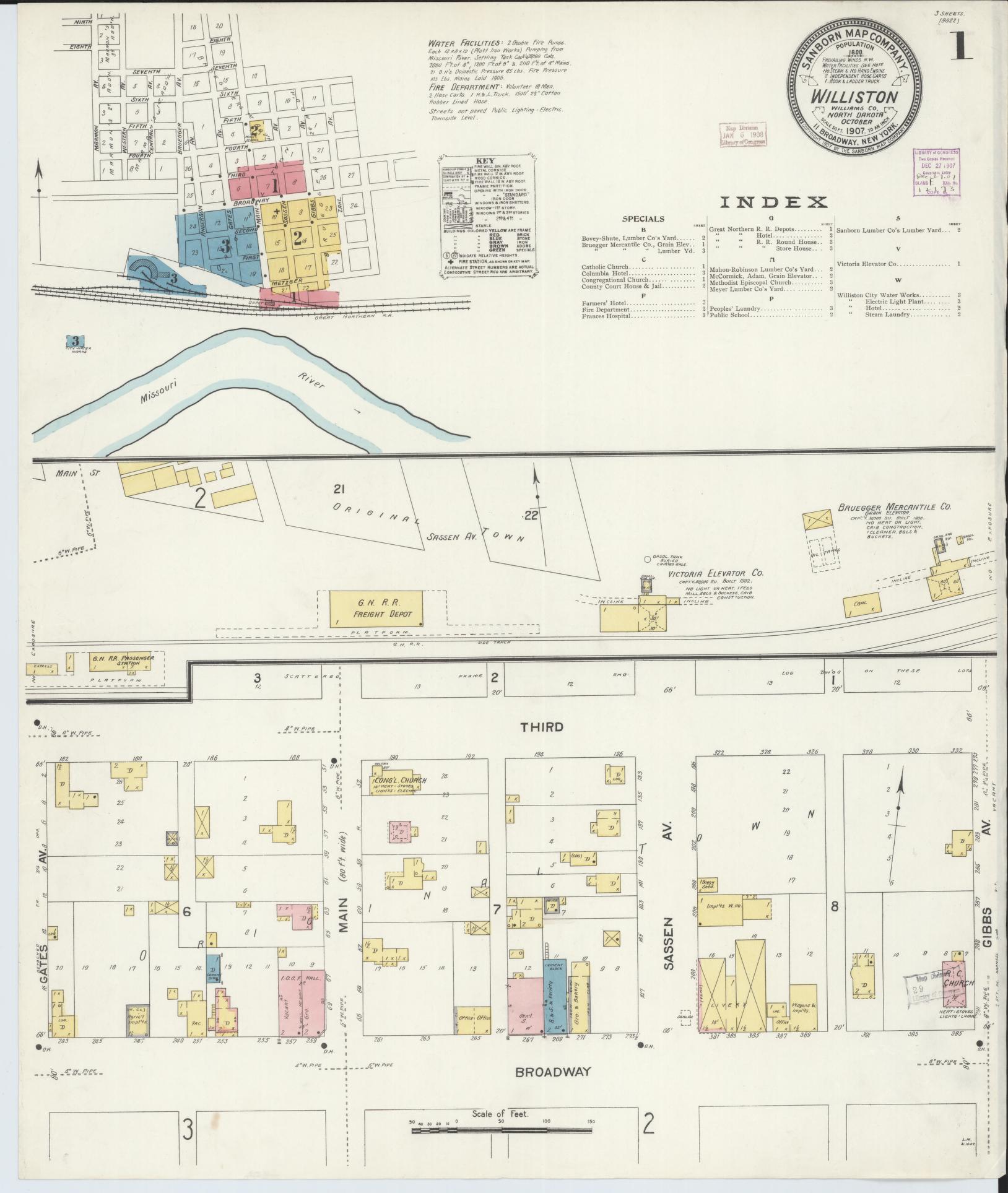Sanborn Fire Insurance Map from Williston, Williams County, North Dakota (1907), Sheet #0001 - Complete Map Set gallery image, historic Sanborn map, vintage wall art, North Dakota North Dakota