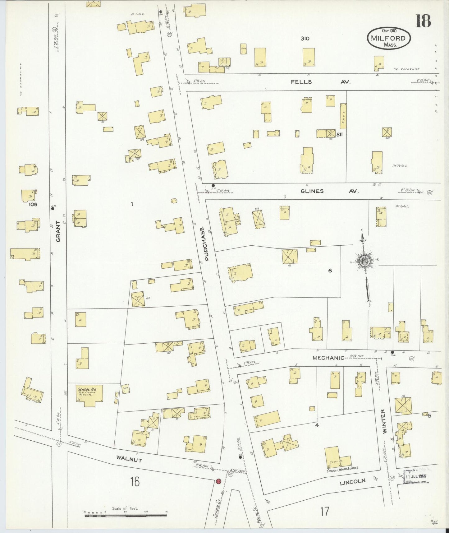 Sanborn Fire Insurance Map from Milford, Worcester County, Massachusetts (1910), Sheet #0018 - Historic Sanborn Fire Insurance Map Print, vintage old map wall art, antique decor, genealogy gift, Massachusetts Massachusetts map