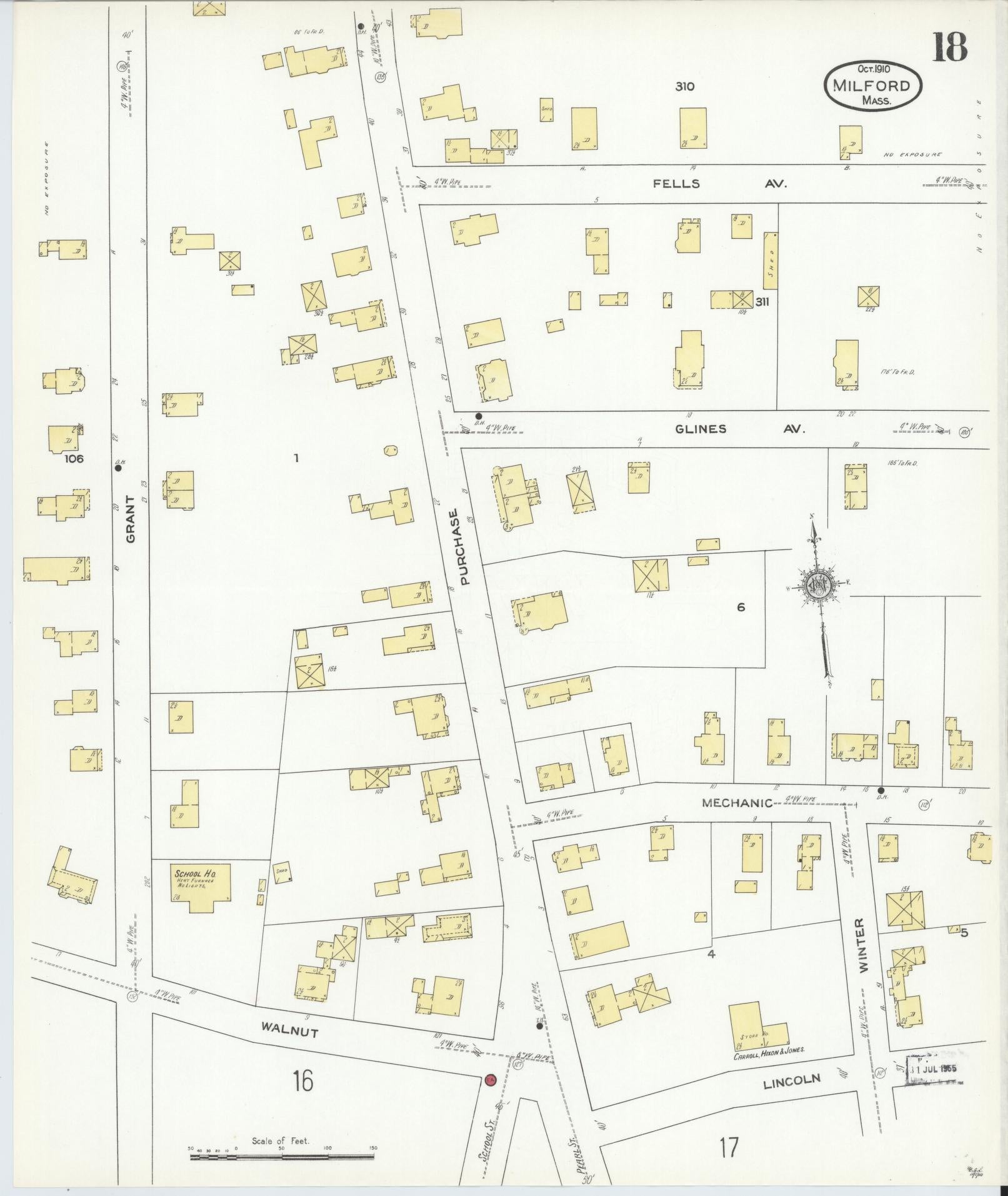 Sanborn Fire Insurance Map from Milford, Worcester County, Massachusetts (1910), Sheet #0018 - Historic Sanborn Fire Insurance Map Print, vintage old map wall art, antique decor, genealogy gift, Massachusetts Massachusetts map