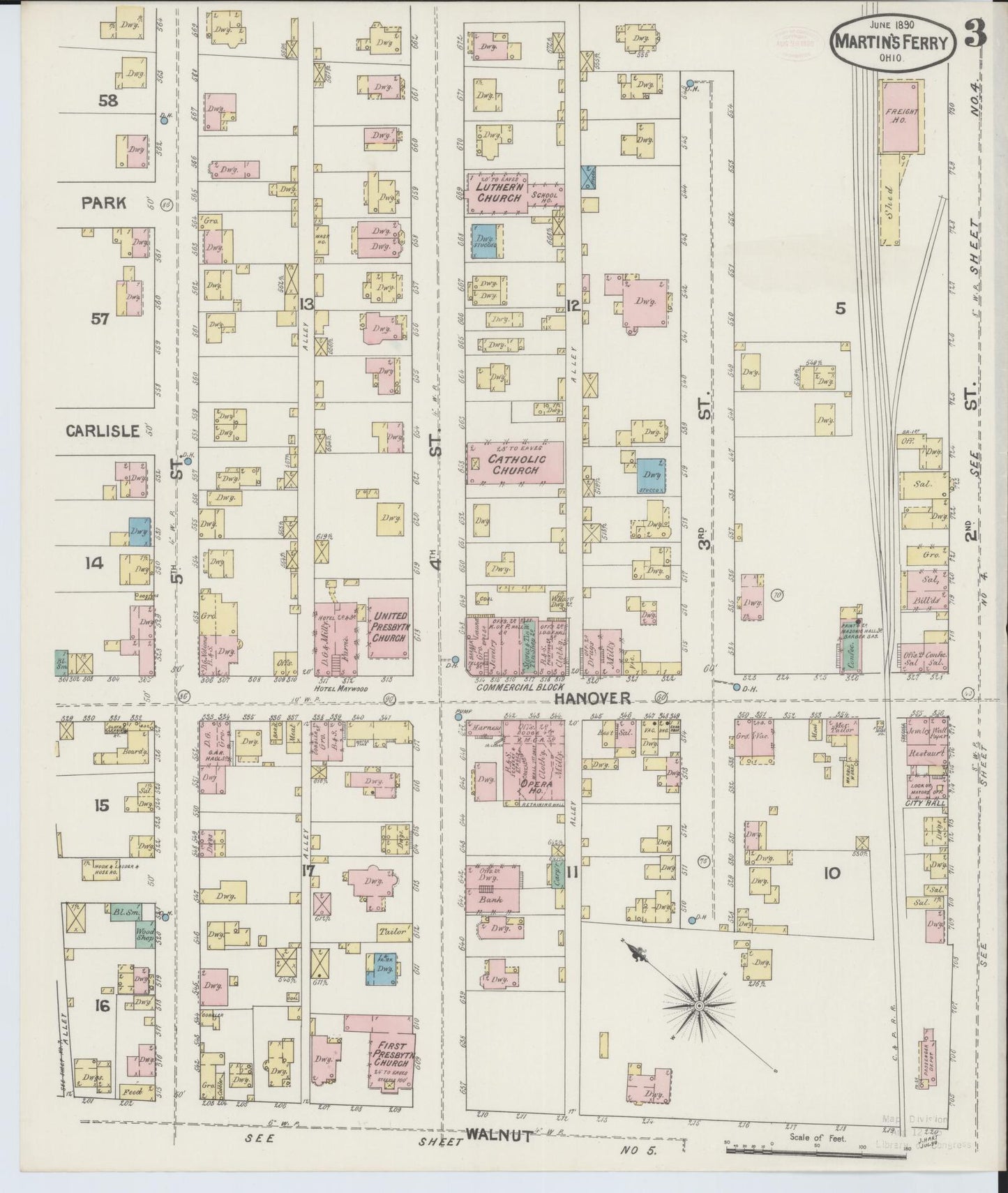Sanborn Fire Insurance Map from Martins Ferry, Belmont County, Ohio (1890), Sheet #0003 - Historic Sanborn Fire Insurance Map Print, vintage old map wall art, antique decor, genealogy gift, Ohio Ohio map