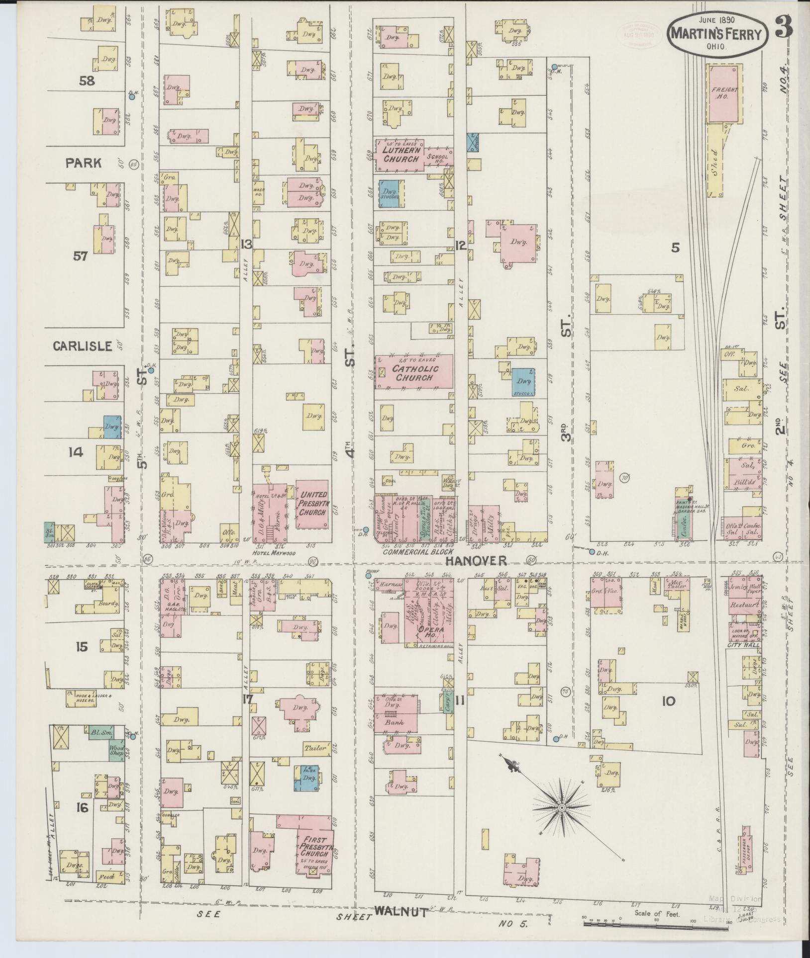 Sanborn Fire Insurance Map from Martins Ferry, Belmont County, Ohio (1890), Sheet #0003 - Historic Sanborn Fire Insurance Map Print, vintage old map wall art, antique decor, genealogy gift, Ohio Ohio map