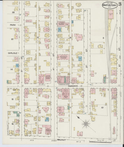 Sanborn Fire Insurance Map from Martins Ferry, Belmont County, Ohio (1890), Sheet #0003 - Historic Sanborn Fire Insurance Map Print, vintage old map wall art, antique decor, genealogy gift, Ohio Ohio map