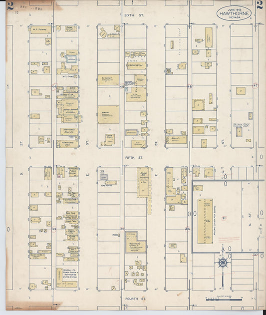 Sanborn Fire Insurance Map from Hawthorne, Mineral County, Nevada (1943), Sheet #0002 - Historic Sanborn Fire Insurance Map Print, vintage old map wall art, antique decor, genealogy gift, Nevada Nevada map
