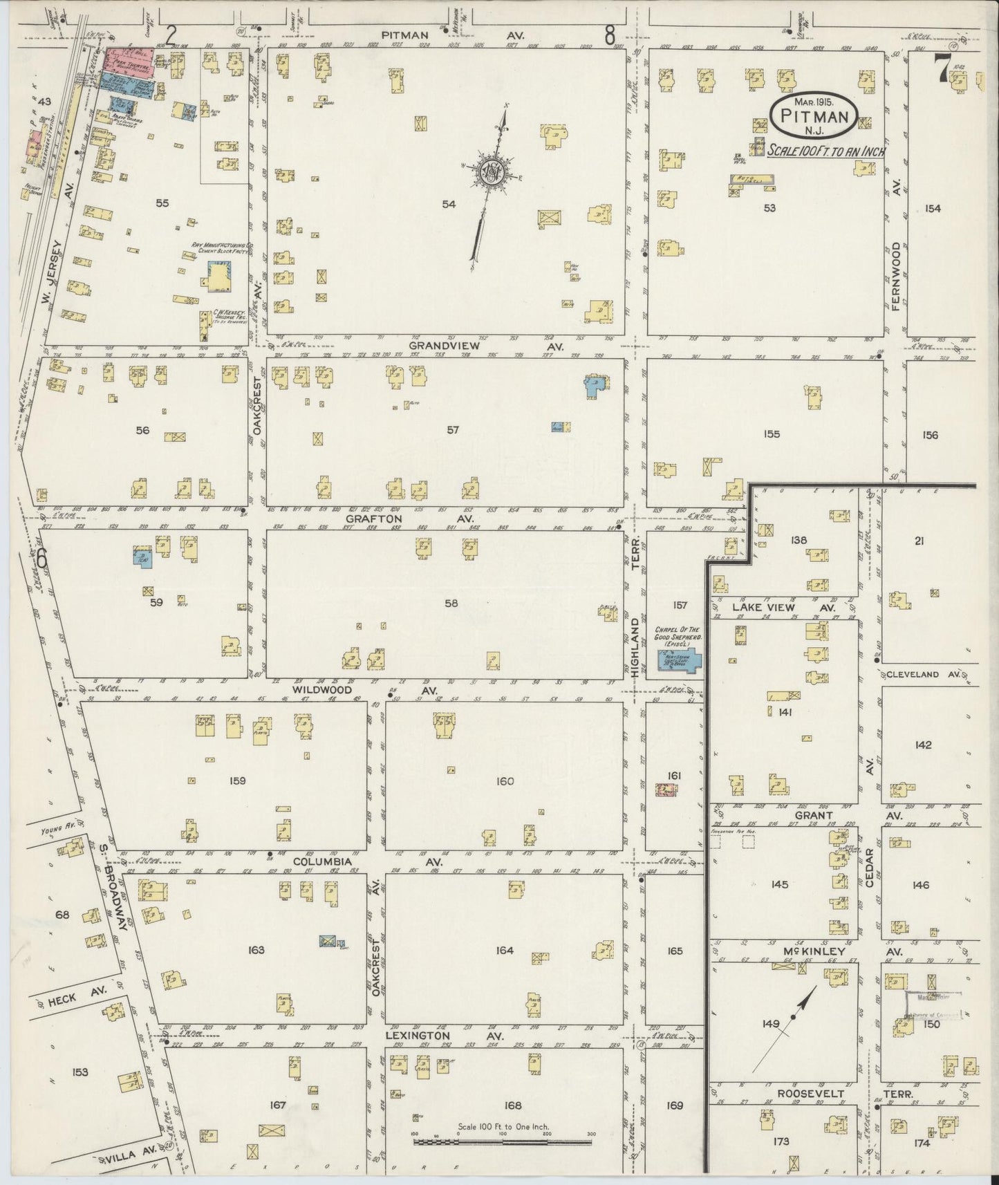 Sanborn Fire Insurance Map from Pitman, Gloucester County, New Jersey (1915), Sheet #0007 - Complete Map Set gallery image, historic Sanborn map, vintage wall art, New Jersey New Jersey