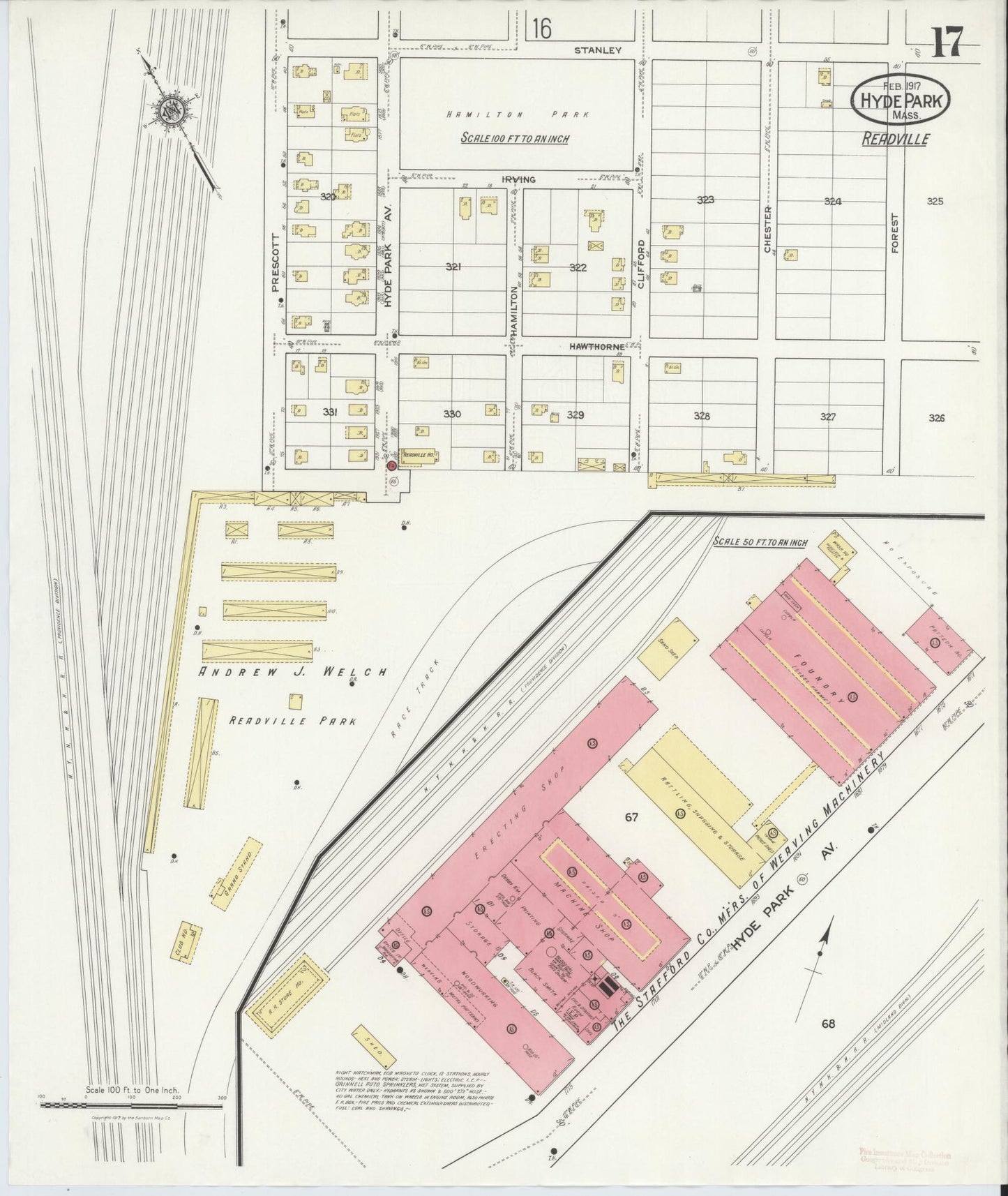 Sanborn Fire Insurance Map from Hyde Park, Norfolk County, Massachusetts (1917), Sheet #0017 - Historic Sanborn Fire Insurance Map Print, vintage old map wall art, antique decor, genealogy gift, Massachusetts Massachusetts map