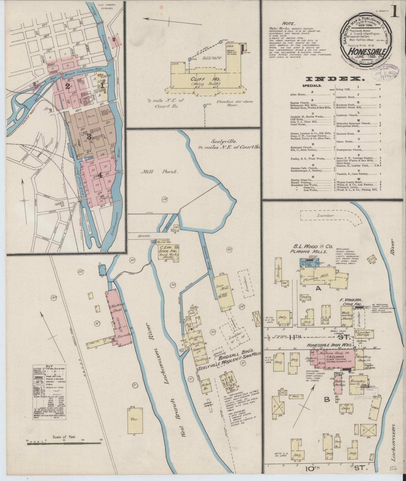 Sanborn Fire Insurance Map from Honesdale, Wayne County, Pennsylvania (1885), Sheet #0001 - Complete Map Set gallery image, historic Sanborn map, vintage wall art, Pennsylvania Pennsylvania