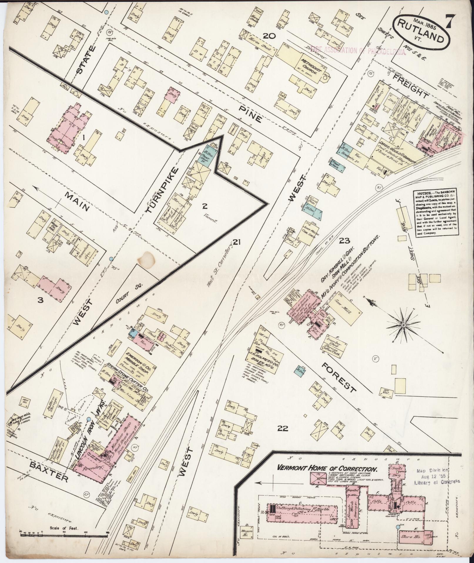 Sanborn Fire Insurance Map from Rutland, Rutland County, Vermont (1885), Sheet #0007 - Complete Map Set gallery image, historic Sanborn map, vintage wall art, Vermont Vermont
