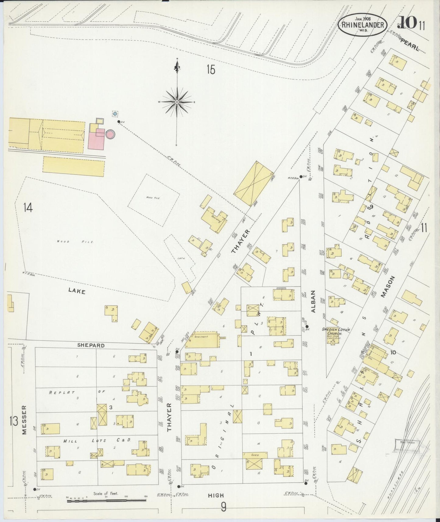 Sanborn Fire Insurance Map from Rhinelander, Oneida County, Wisconsin (1908), Sheet #0010 - Complete Map Set gallery image, historic Sanborn map, vintage wall art, Wisconsin Wisconsin