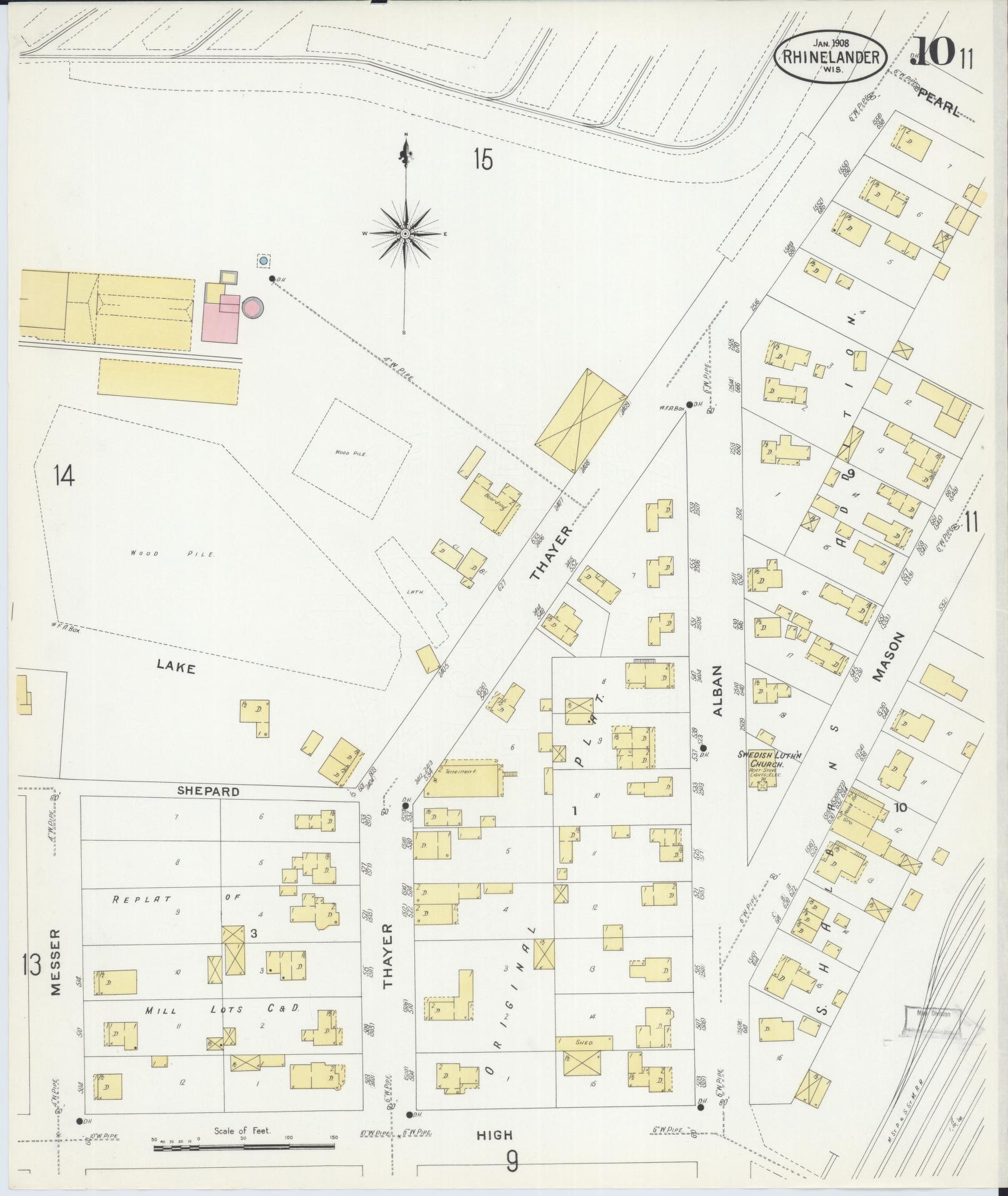 Sanborn Fire Insurance Map from Rhinelander, Oneida County, Wisconsin (1908), Sheet #0010 - Complete Map Set gallery image, historic Sanborn map, vintage wall art, Wisconsin Wisconsin