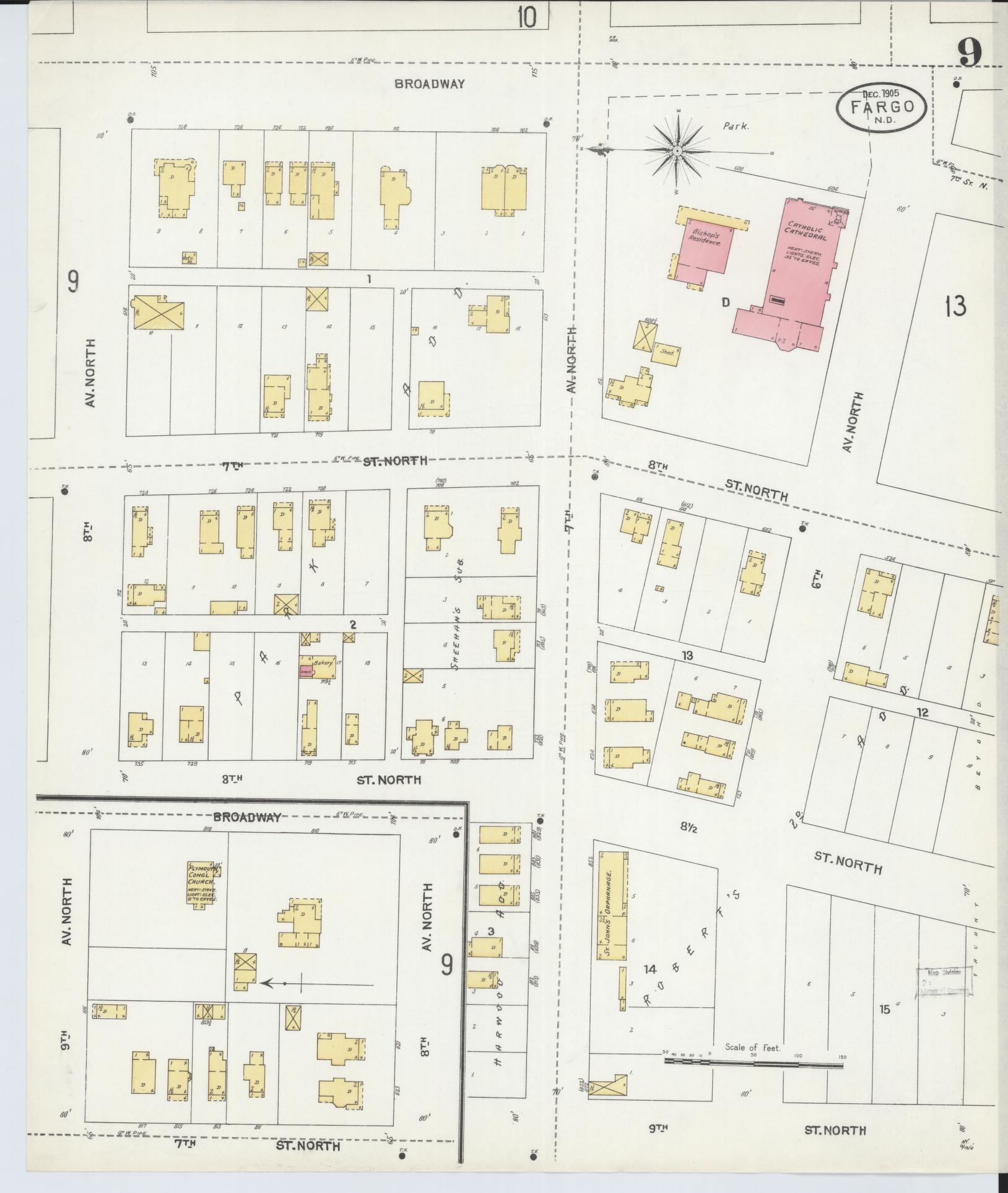 Sanborn Fire Insurance Map from Fargo, Cass County, North Dakota (1905), Sheet #0009 - Historic Sanborn Fire Insurance Map Print, vintage old map wall art, antique decor, genealogy gift, North Dakota North Dakota map