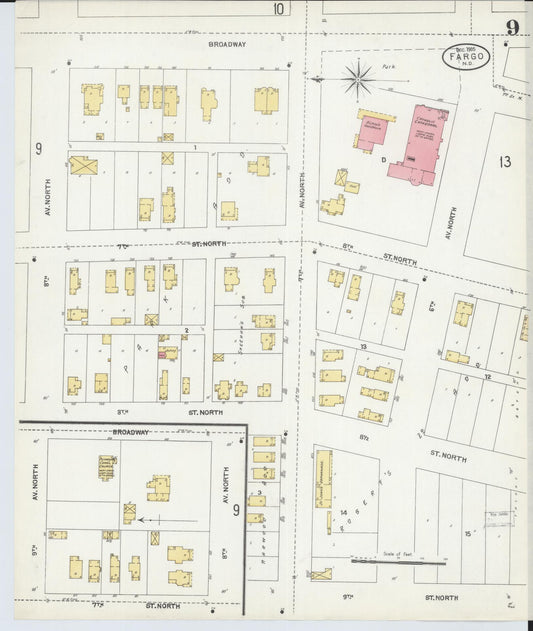 Sanborn Fire Insurance Map from Fargo, Cass County, North Dakota (1905), Sheet #0009 - Historic Sanborn Fire Insurance Map Print, vintage old map wall art, antique decor, genealogy gift, North Dakota North Dakota map