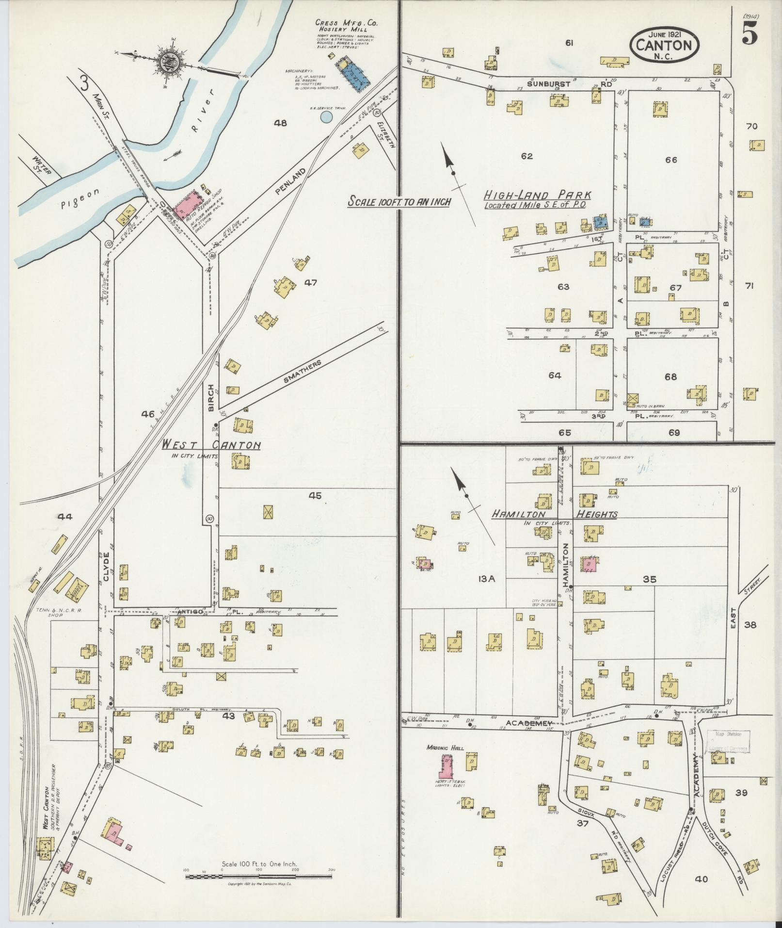 Sanborn Fire Insurance Map from Canton, Haywood County, North Carolina (1921), Sheet #0005 - Historic Sanborn Fire Insurance Map Print, vintage old map wall art, antique decor, genealogy gift, North Carolina North Carolina map