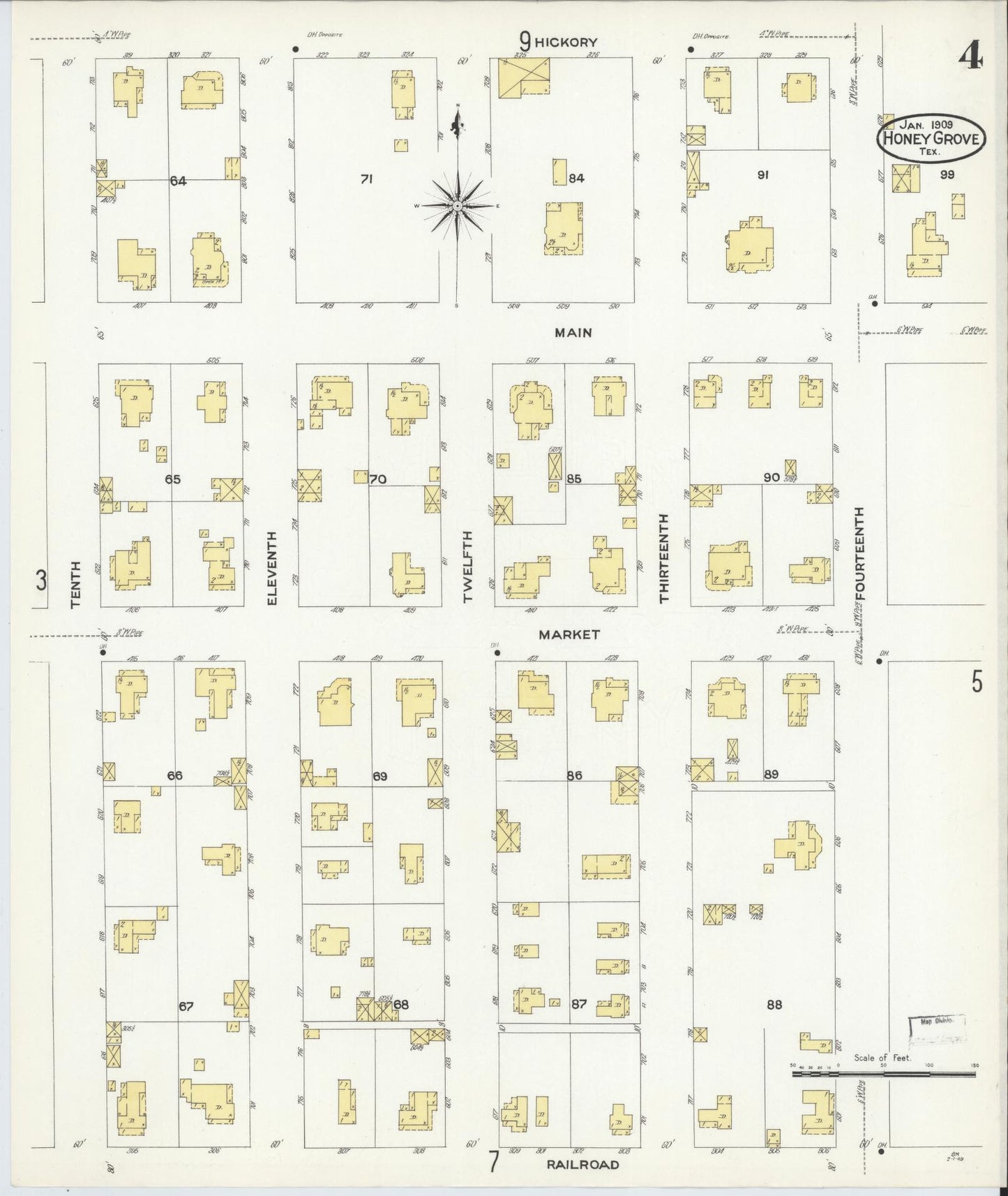 Sanborn Fire Insurance Map from Honey Grove, Fannin County, Texas (1909), Sheet #0004 - Complete Map Set gallery image, historic Sanborn map, vintage wall art, Texas Texas