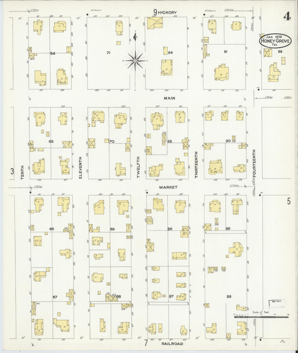 Sanborn Fire Insurance Map from Honey Grove, Fannin County, Texas (1909), Sheet #0004 - Complete Map Set gallery image, historic Sanborn map, vintage wall art, Texas Texas