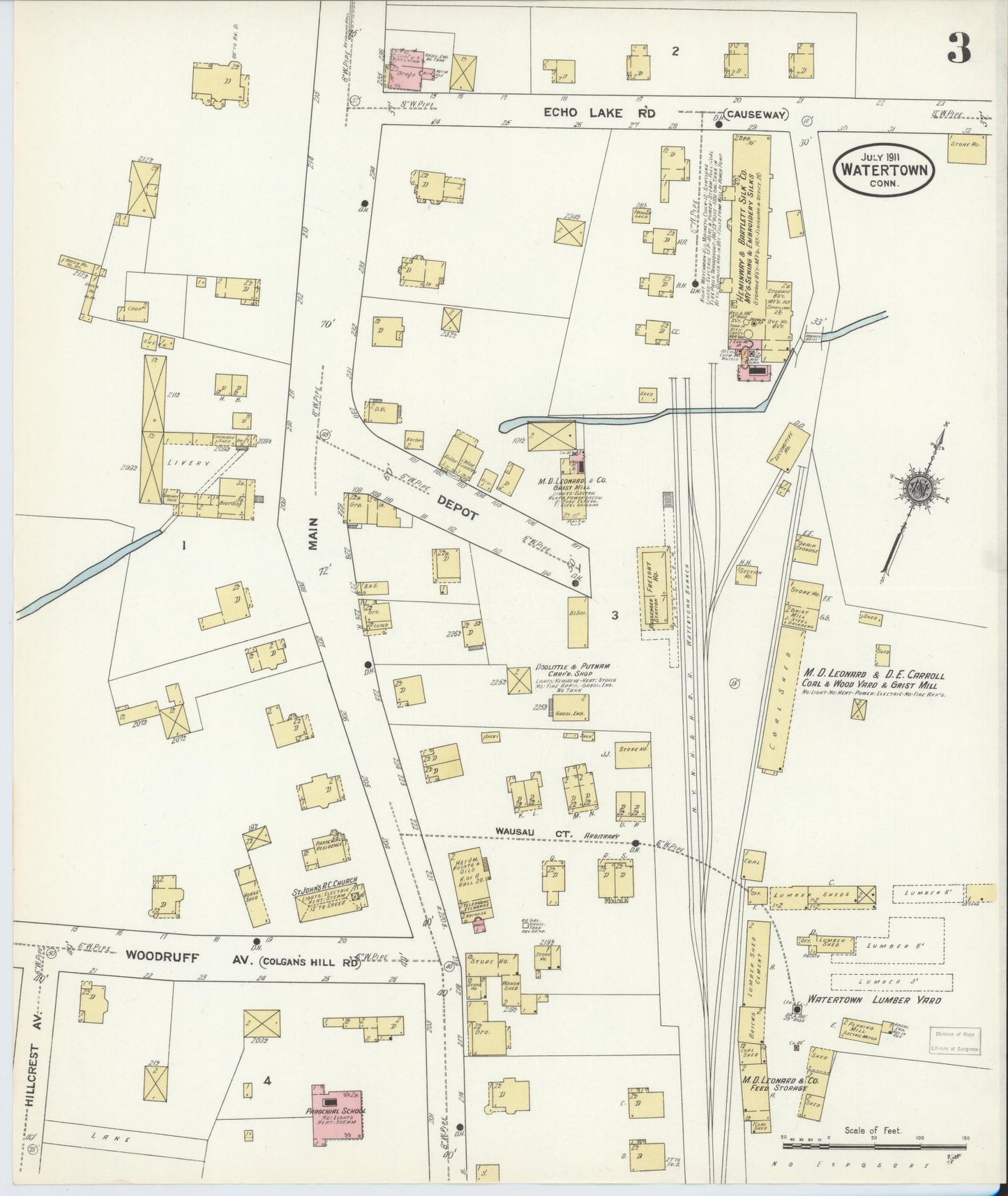 Sanborn Fire Insurance Map from Watertown, Litchfield County, Connecticut (1911), Sheet #0003 - Complete Map Set gallery image, historic Sanborn map, vintage wall art, Connecticut Connecticut
