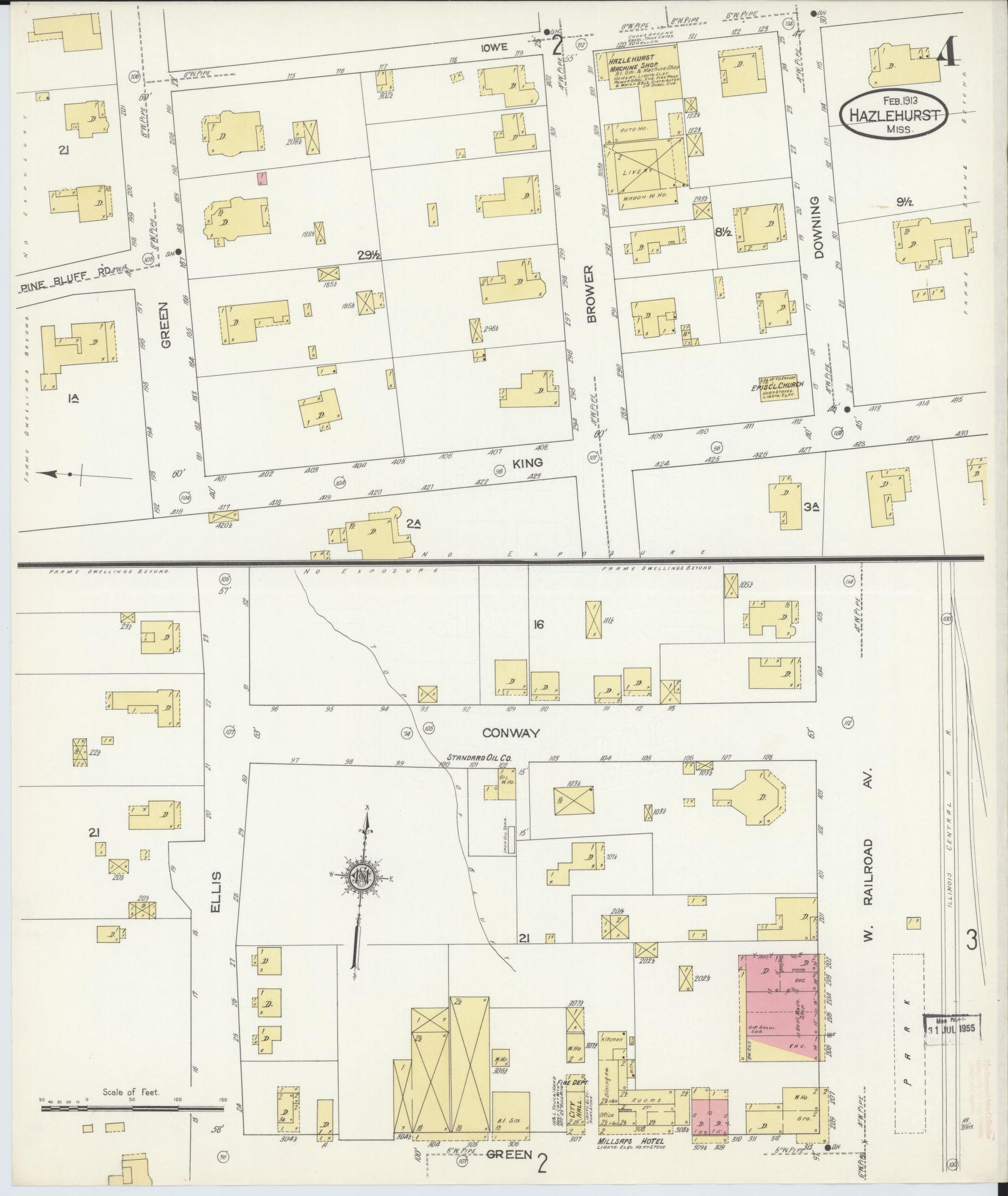 Sanborn Fire Insurance Map from Hazlehurst, Copiah County, Mississippi (1913), Sheet #0004 - Complete Map Set gallery image, historic Sanborn map, vintage wall art, Mississippi Mississippi
