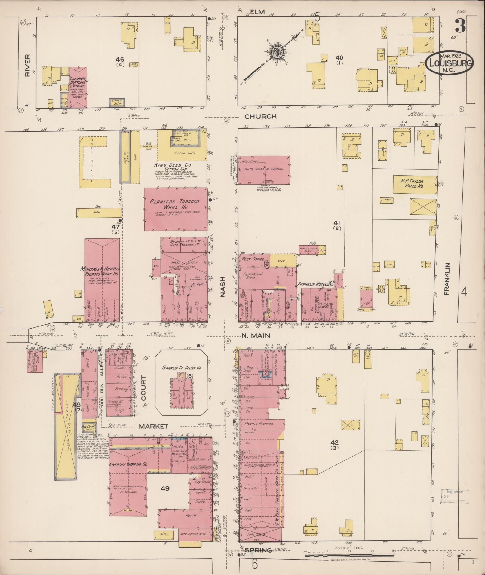 Sanborn Fire Insurance Map from Louisburg, Franklin County, North Carolina (1922), Sheet #0003 - Complete Map Set gallery image, historic Sanborn map, vintage wall art, North Carolina North Carolina