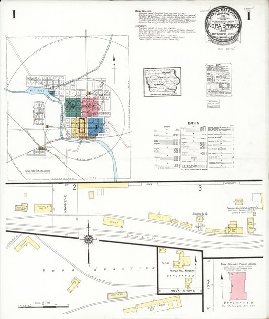 Sanborn Fire Insurance Map from Nora Springs, Floyd County, Iowa (1923), Sheet #0001 - Historic Sanborn Fire Insurance Map Print, vintage old map wall art