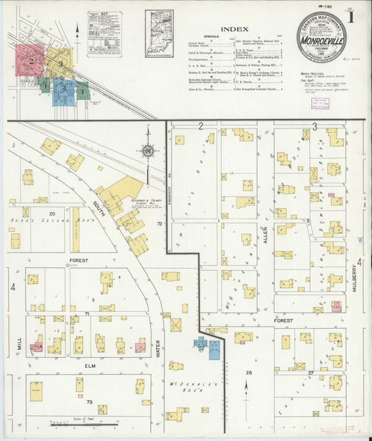 Sanborn Fire Insurance Map from Monroeville, Allen County, Indiana (1916), Sheet #0001 - Historic Sanborn Fire Insurance Map Print, vintage old map wall art, antique decor, genealogy gift, Indiana Indiana map