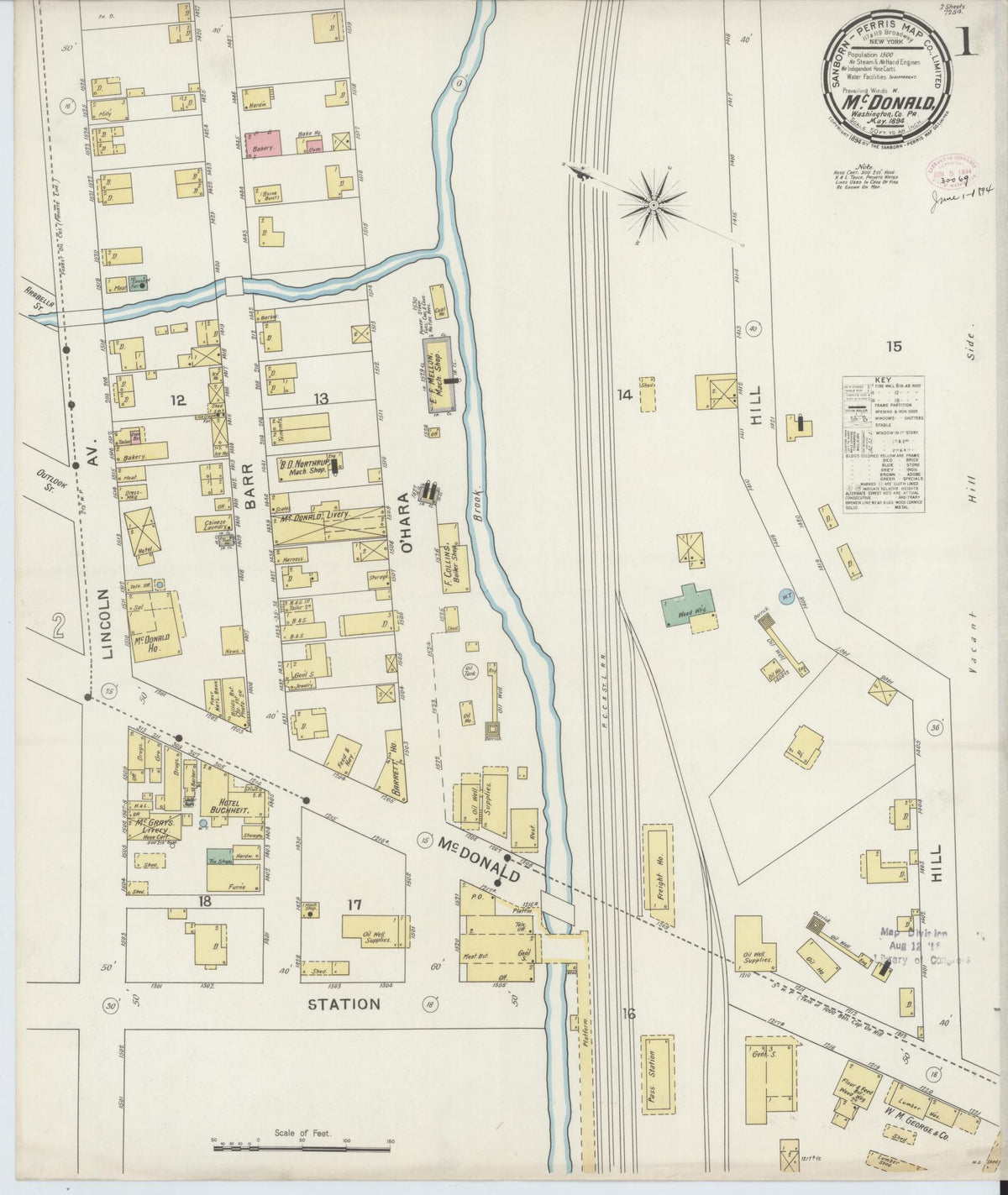 Sanborn Fire Insurance Map from McDonald, Washington County, Pennsylvania (1894), Sheet #0001 - Historic Sanborn Fire Insurance Map Print, vintage old map wall art, antique decor, genealogy gift, Pennsylvania Pennsylvania map