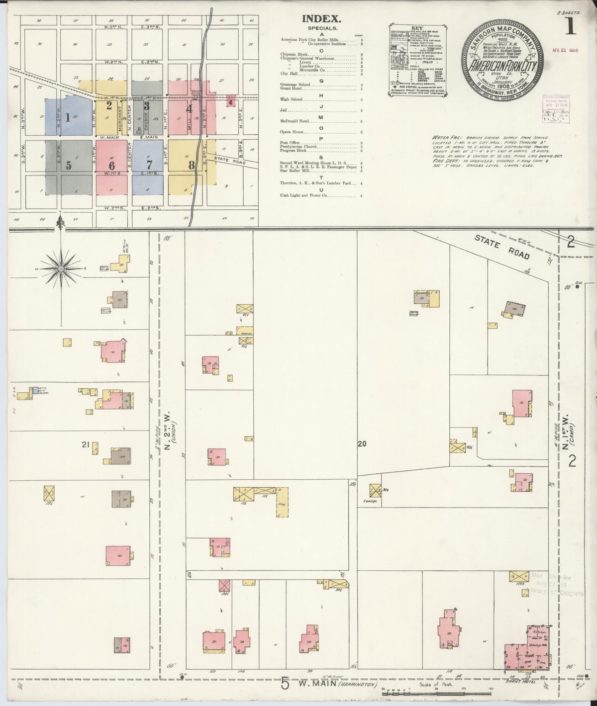 Sanborn Fire Insurance Map from American Fork, Utah County, Utah (1908), Sheet #0001 - Historic Sanborn Fire Insurance Map Print, vintage old map wall art, antique decor, genealogy gift, American Fork Utah map