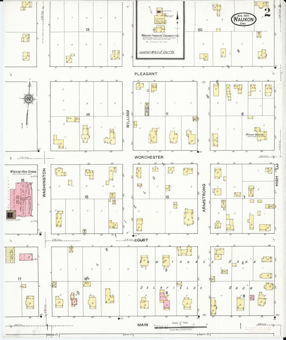 Sanborn Fire Insurance Map from Waukon, Allamakee County, Iowa (1920), Sheet #0002 - Historic Sanborn Fire Insurance Map Print, vintage old map wall art