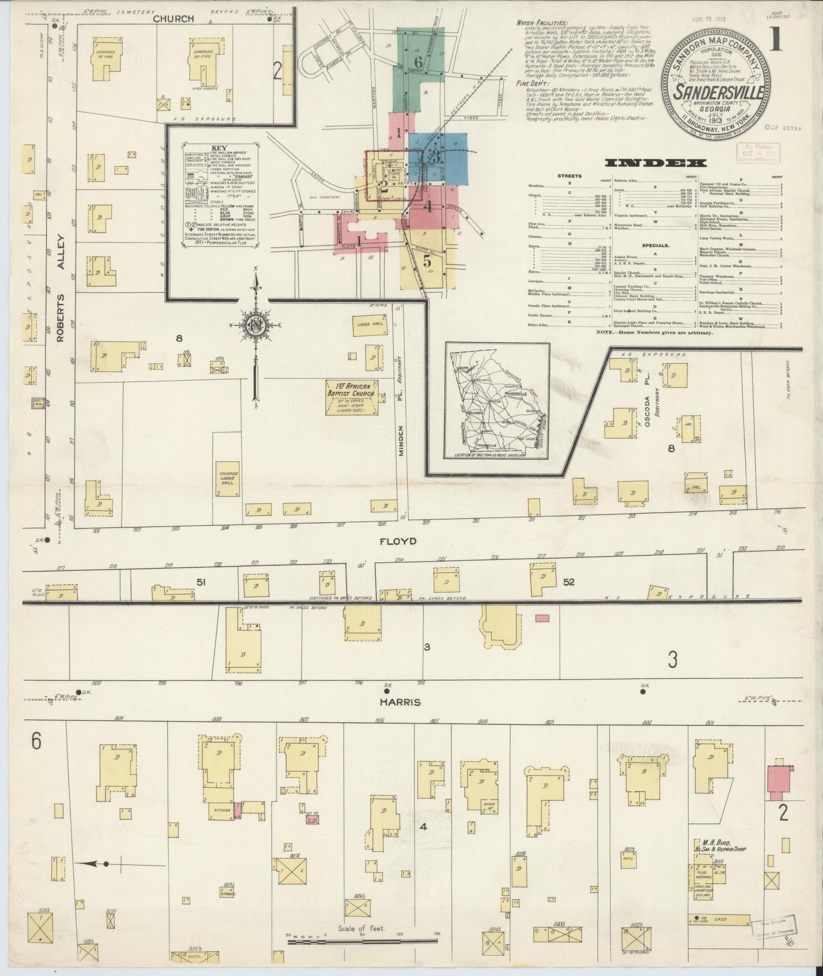 Sanborn Fire Insurance Map from Sandersville, Washington County, Georgia (1913), Sheet #0001 - Complete Map Set gallery image, historic Sanborn map, vintage wall art, Georgia Georgia