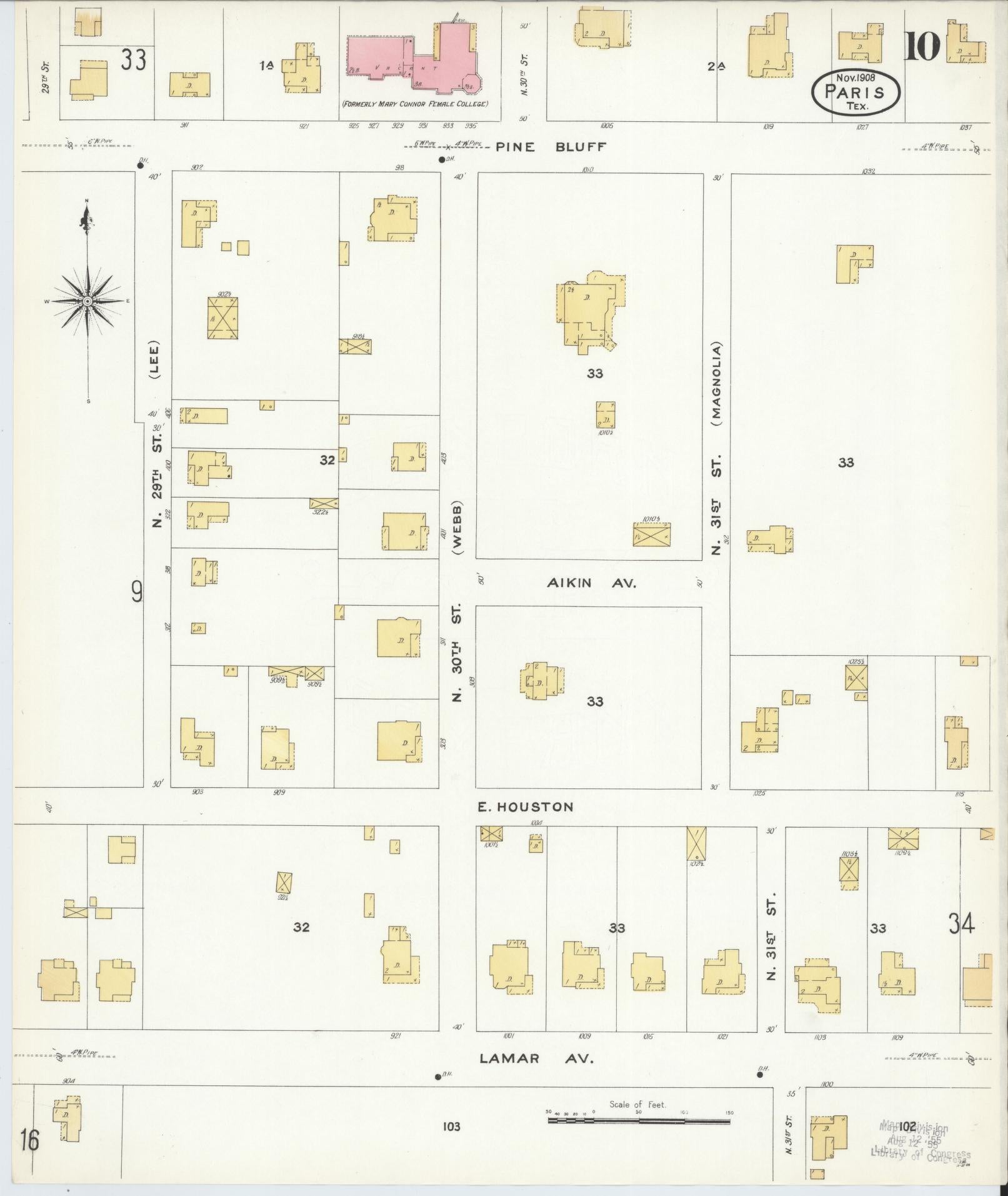 Sanborn Fire Insurance Map from Paris, Lamar County, Texas (1908), Sheet #0010 - Complete Map Set gallery image, historic Sanborn map, vintage wall art, Texas Texas