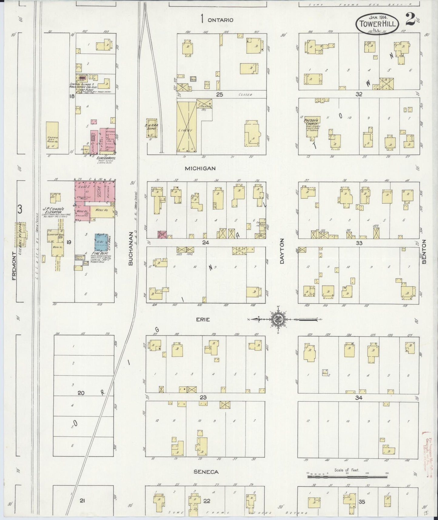 Sanborn Fire Insurance Map from Tower Hill, Shelby County, Illinois (1914), Sheet #0002 - Historic Sanborn Fire Insurance Map Print, vintage old map wall art, antique decor, genealogy gift, Illinois Illinois map